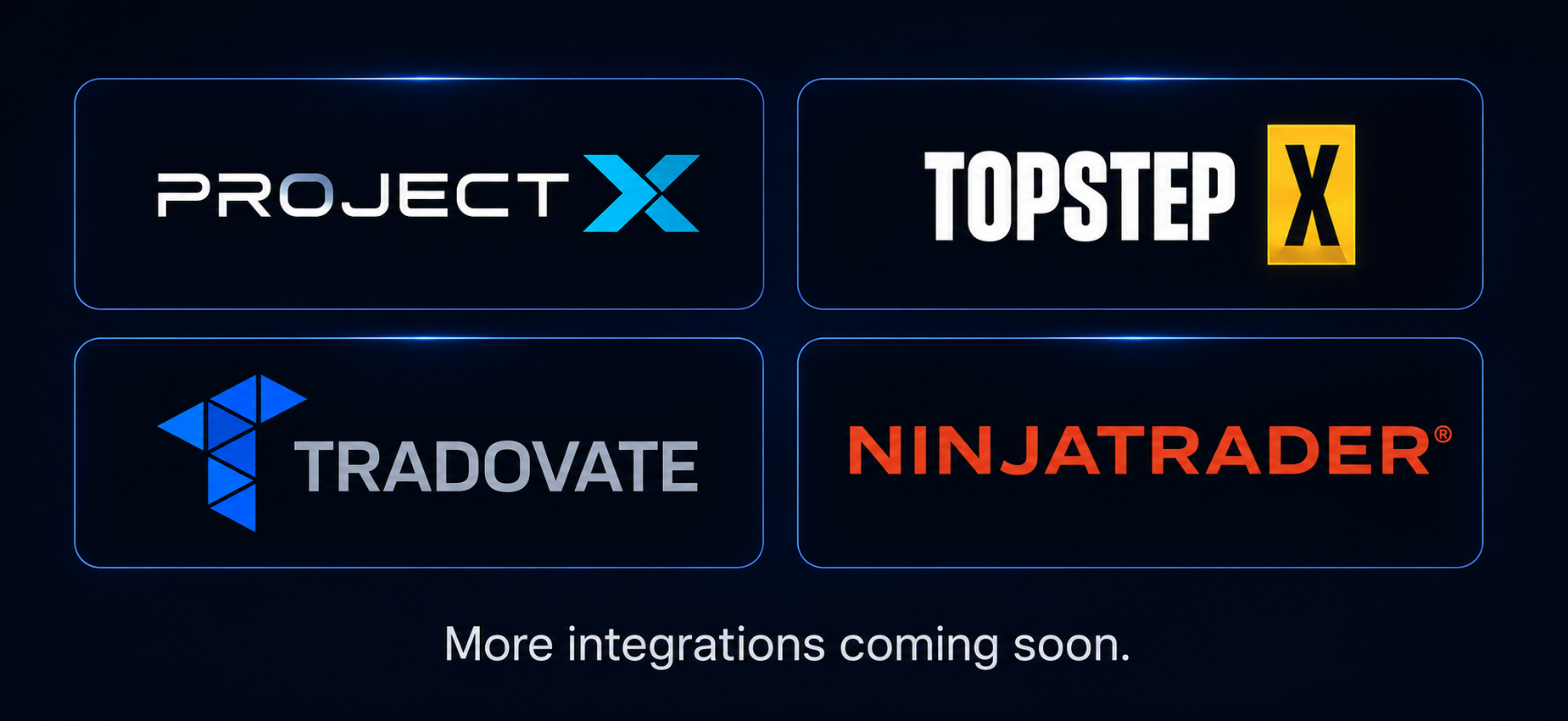 Supported platforms including ProjectX, TopstepX, Tradovate, and NinjaTrader